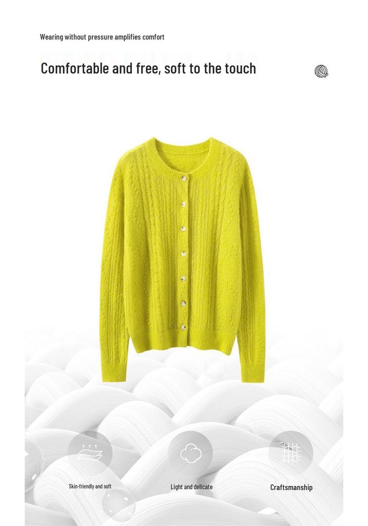 Women's Cashmere Cable Knit Cardigan: Solid Color, Round Neck, Warm Mulberry Silk Sweater for Autumn-Winter