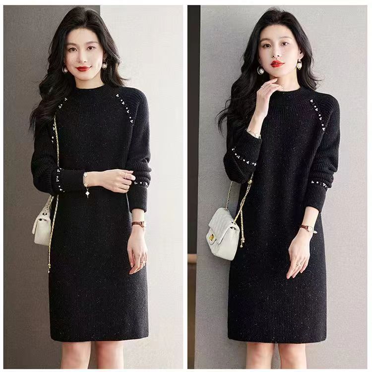 Pletené šaty pro ženy velkých velikostí Volný svetr střední délky s dlouhým rukávem Jednobarevný ležérní pulovr