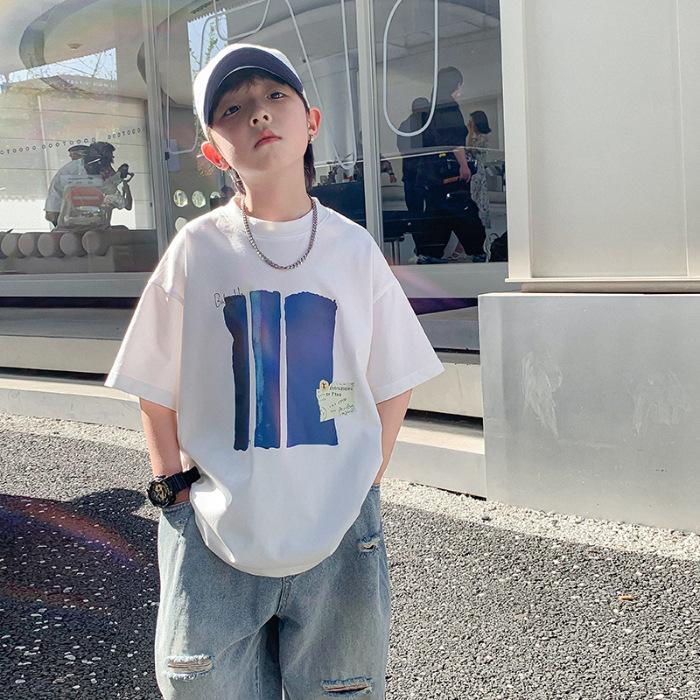 Boys Summer Cotton Short Sleeve T Shirt Breathable Round Neck Casual Top for Kids