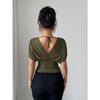 Women Solid Deep V Neck Short Sleeve Cinched Waist Sexy Casual Fitted Top