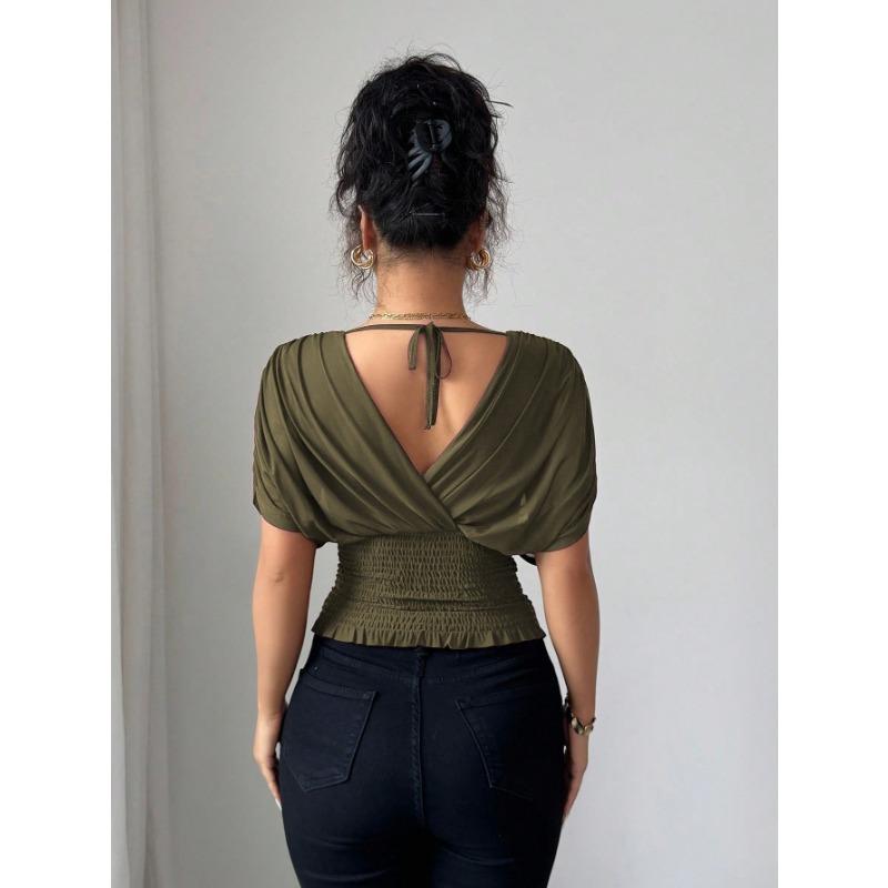 Women Solid Deep V Neck Short Sleeve Cinched Waist Sexy Casual Fitted Top
