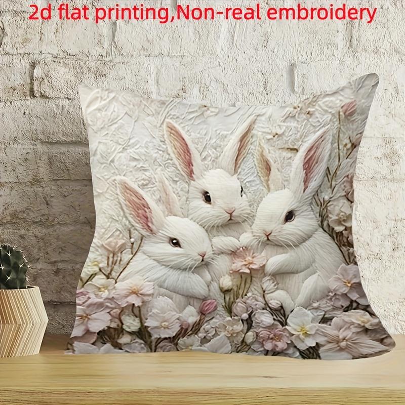 Easter White Bunny Trio Pillow Cover Faux Embroidery 2D Print Floral Spring Decor Soft Cozy For Sofa Bed Living Room Gifts