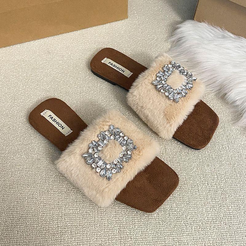 Retro Internet celebrity fairy wind word with fluffy slippers women wear 2025 autumn and winter new flat slippers
