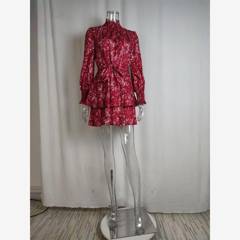 

Женское элегантное платье с цветочным принтом, облегающее талию, с круглым вырезом, в западном стиле, с оборками, с длинными рукавами, для вечеринки Red 3XL