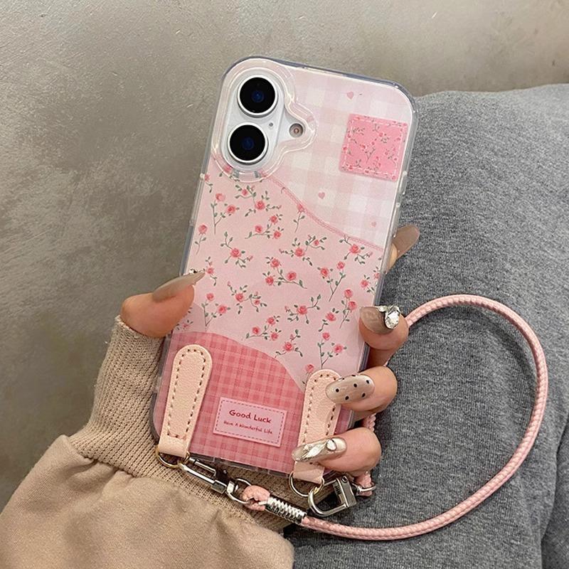 

Single-layer girl plaid floral application Apple 16 mobile phone case protective case Apple belt lanyard apple 6