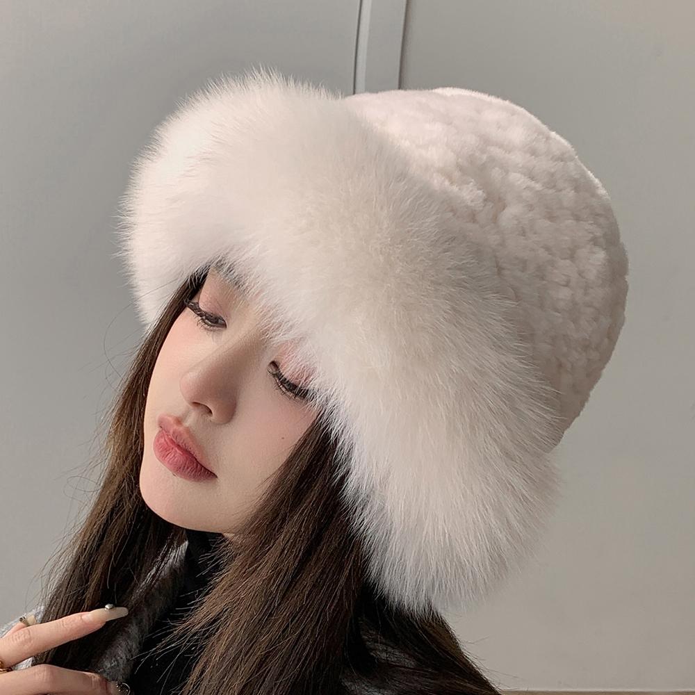 Women Luxury Winter Hat Real Rex Rabbit Fur Bomber Hats Lady Winter Genuine Fox Fur Cap Beanies Warm Soft Fluffy Natural Fur Hat
