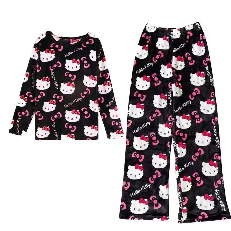 Set Pigiama a Manica Lunga con Stampa di Gatti Cartoni Animati per Donna Loungewear Flanella Casual Morbido Caldo Pigiama