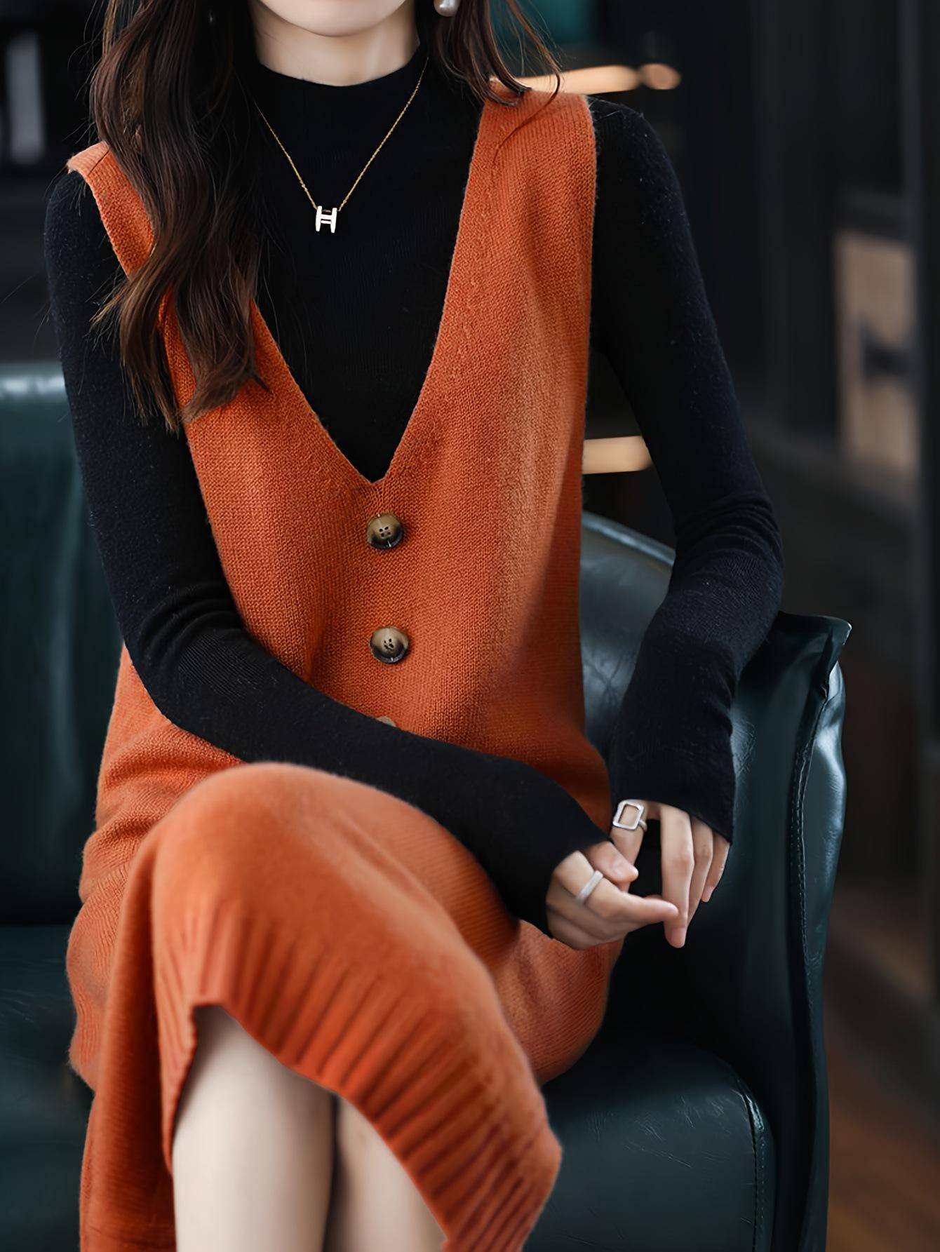 

European Size Spring/Autumn Cross-Stitched Knitted Wool Vest Dress for Women L оранжевый