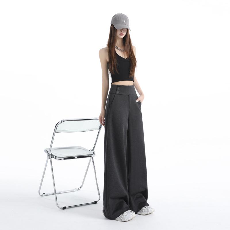 Women's Retro Grey Wide-Leg Suit Pants - Spring Casual, Versatile & Comfortable