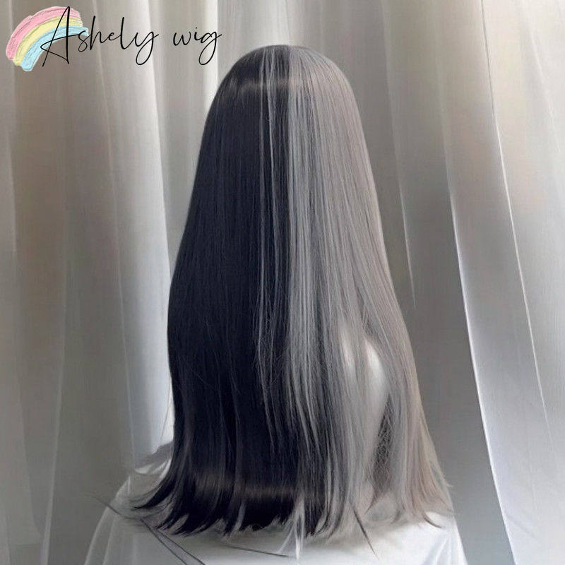 Ashely Half Black Gray Wig with Bangs 26inch Long Straight Wigs Lolita High Temperature Fibers Synthetic Wigs forAll Saints' Day
