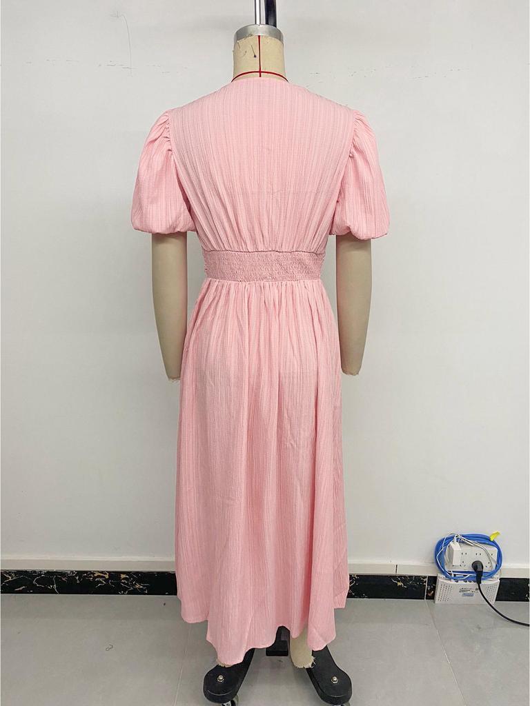 2026 Women's Summer V-neck Slit Dress with Bubble Short Sleeves, Mid-length