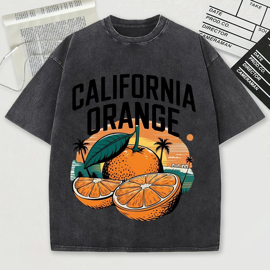 California Orange Pattern Washed T Shirt Men Summer Breathable O-Neck Tops Cotton Loose Short Sleeve Soft Unisex Tee Shirts