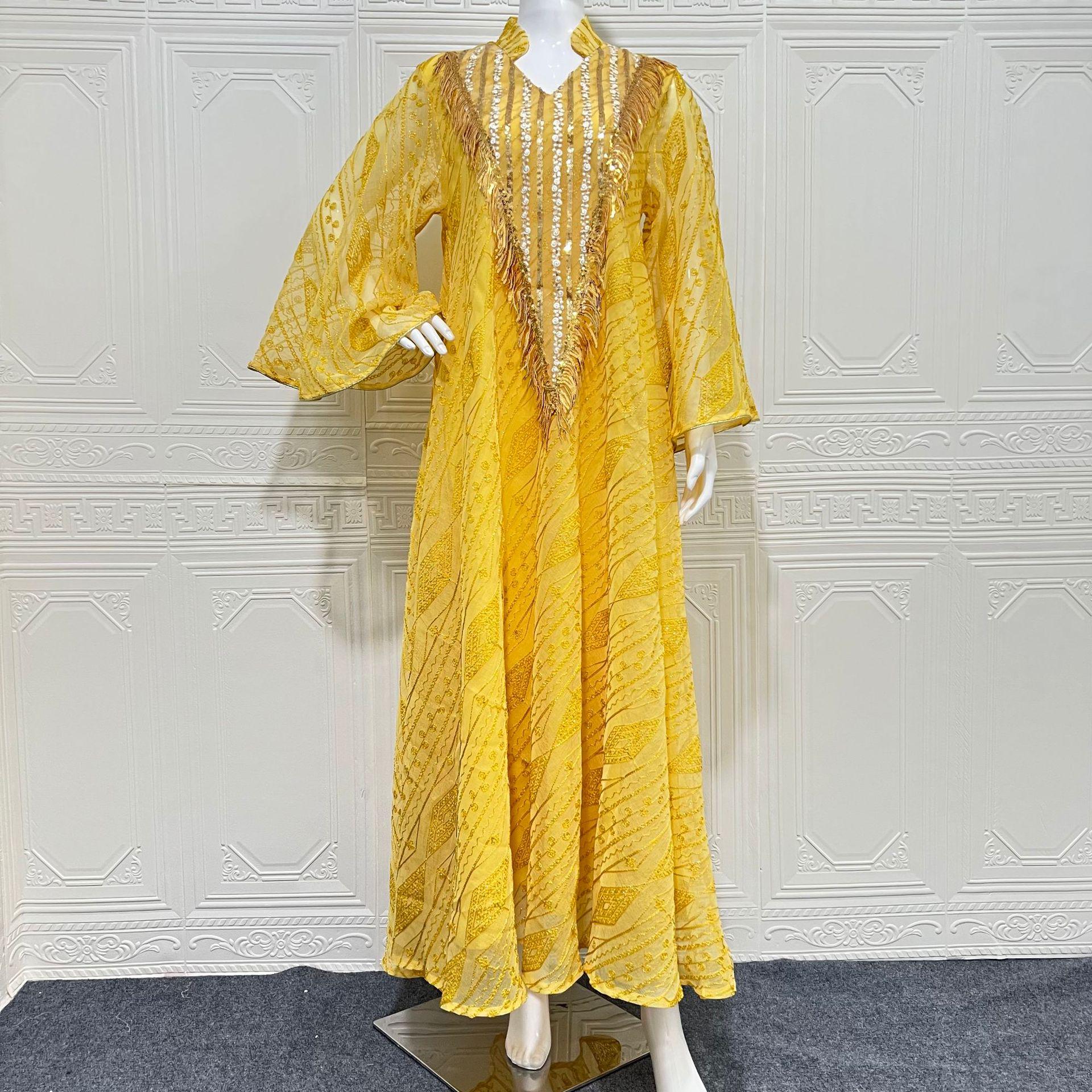 

Элегантное арабское вечернее платье с тюлем и вышивкой пайетками Medium жёлтый