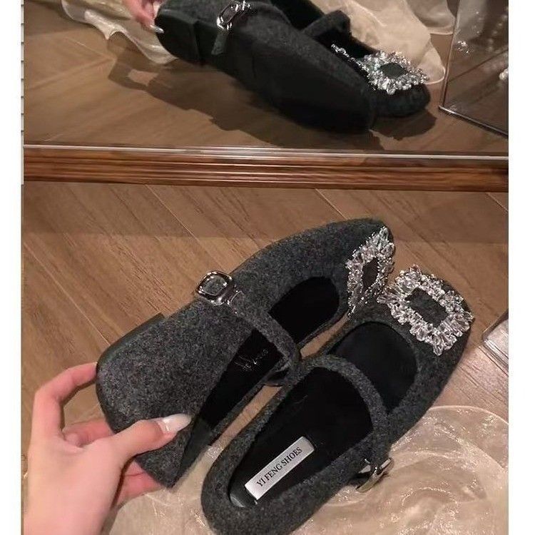 Square Head Single Shoes Casual Thick Heel Inner Heel Increased Wind Soft Sole Daily Square Buckle Woolen Mary Jane Shoes