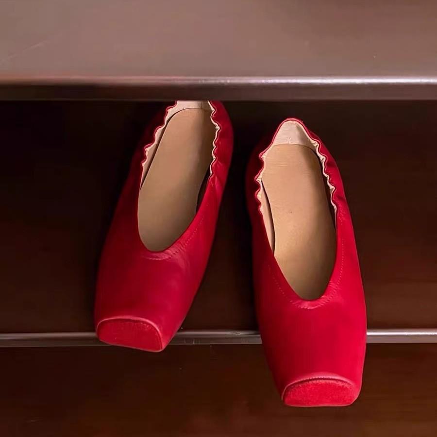 French Square Head Ballet Shoes Women's Leather Flat Bottom Shallow Mouth Grandma Shoes New Mary Jane