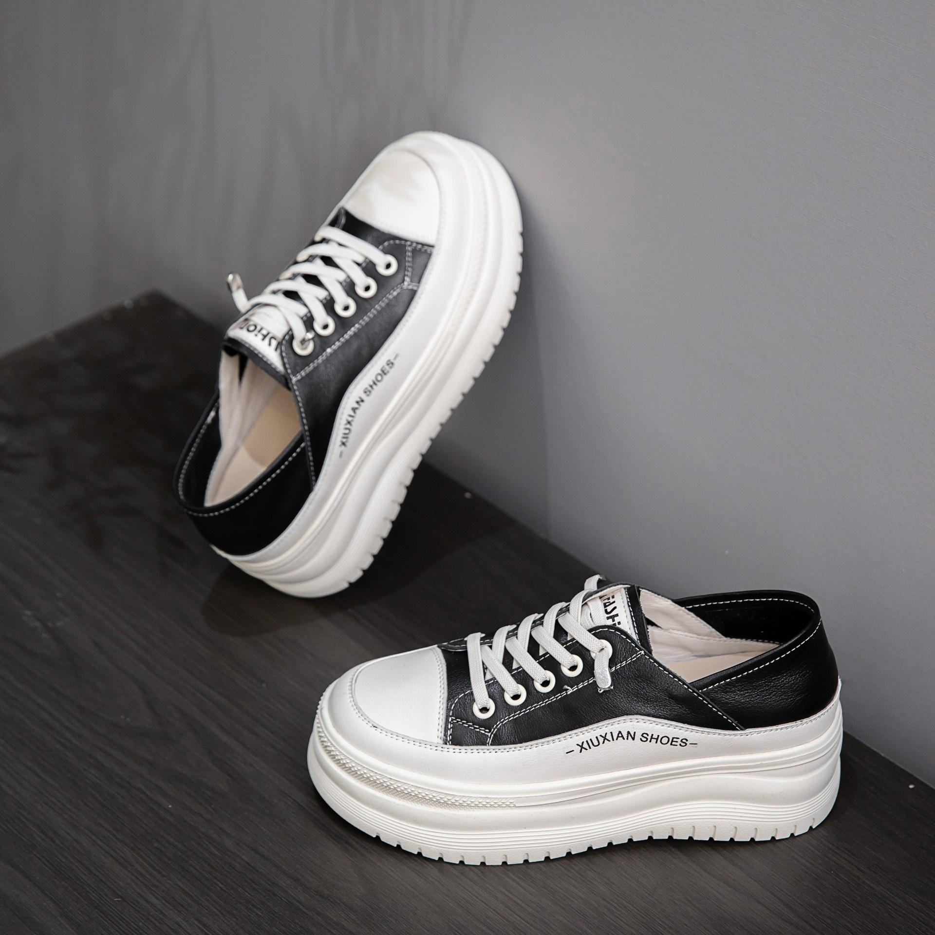 

Leather platform white shoes women s summer 2025 autumn new soft-soled heightening board shoes one pedal light muffin single shoes 35
