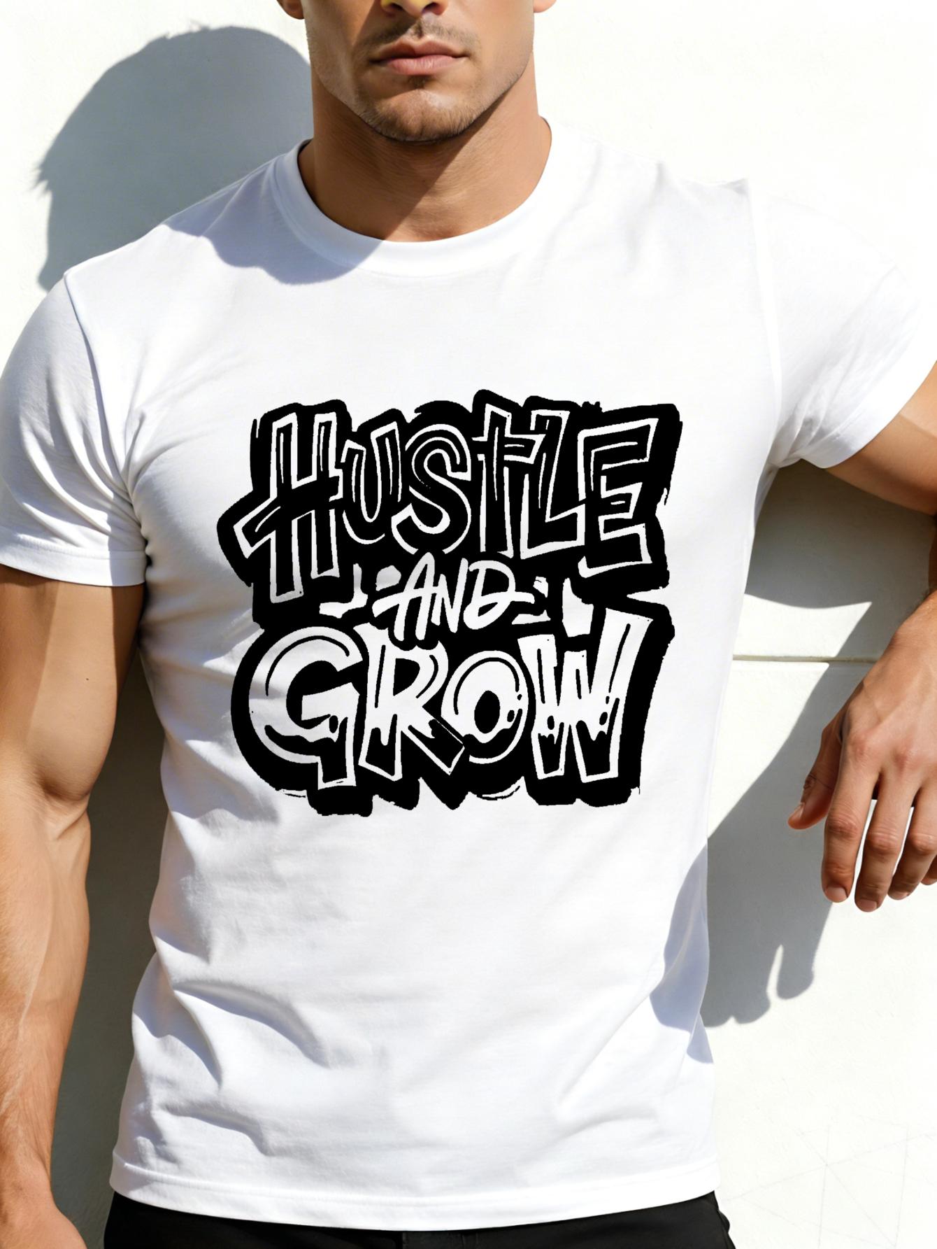 

Casual Streetwear Style Men s T-Shirt Hustle And Grow Graphic Print Summer Wear Gift for Fitness Enthusiasts S белый