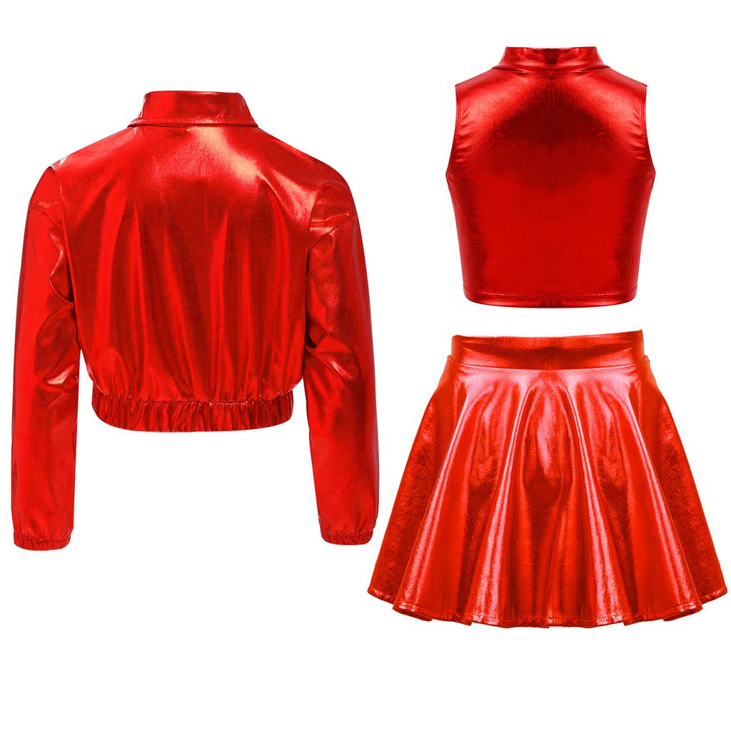 Metallic Shiny Jacket Set for Girls: Turn-Down Collar Long Sleeve Coat with Turtleneck Tank & High Waist A-Line Skirt