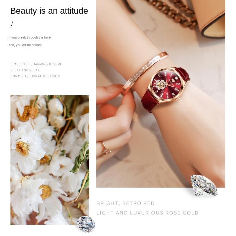 JINSHIDUN Brand Fashion Hollow Inlaid Diamond Four-leaf Clover Mechanical Watch Waterproof Women's Watch