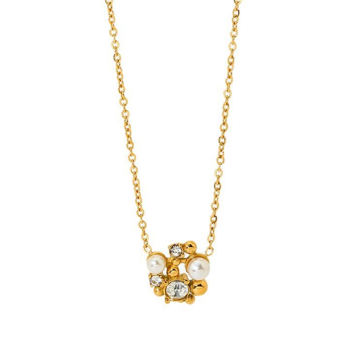 ins light luxury stainless steel special-shaped zircon imitation pearl flower pendant necklace plated with 18k gold stud earrings jewelry women