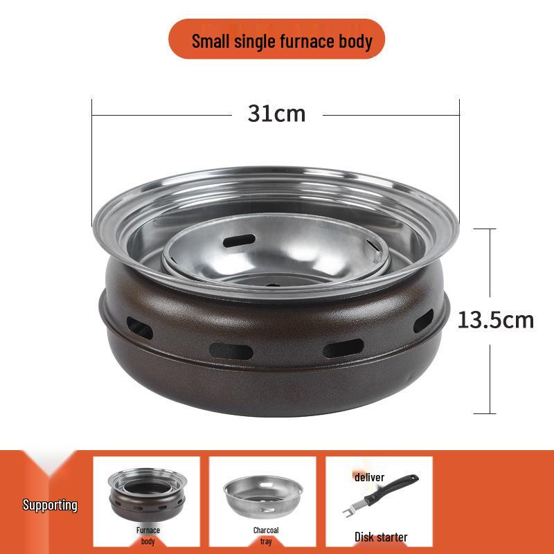 Round Stainless Steel Charcoal Grill for Home and Commercial Use - Japanese Yakiniku Style, Enclosed Design for Tea Boiling