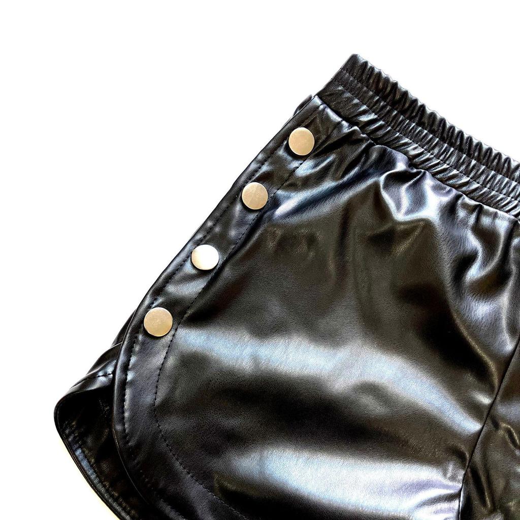 High Waist PU Leather Side Button Slit Shorts for Women