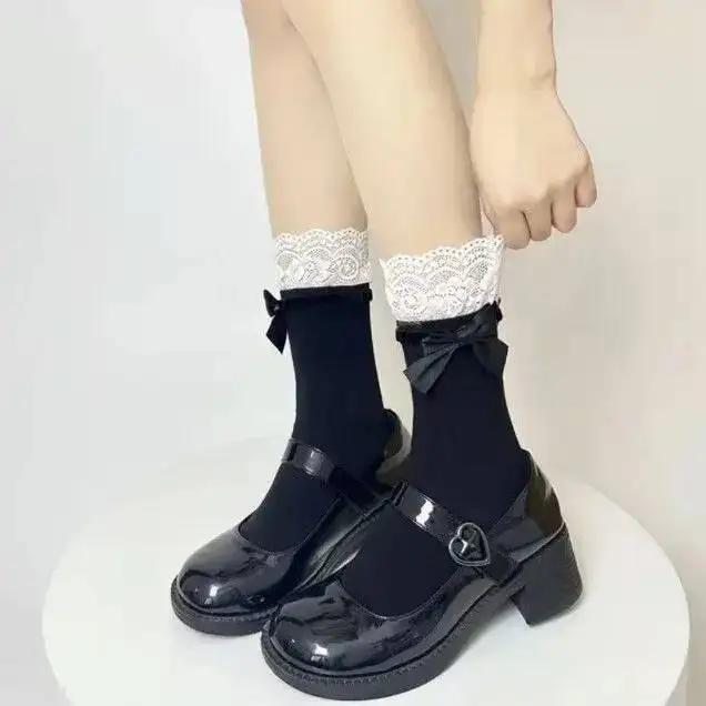 2D White Velvet Thin JK Socks Lace Patchwork Bow Over-the-Knee Socks Sweet Lolita Socks Summer