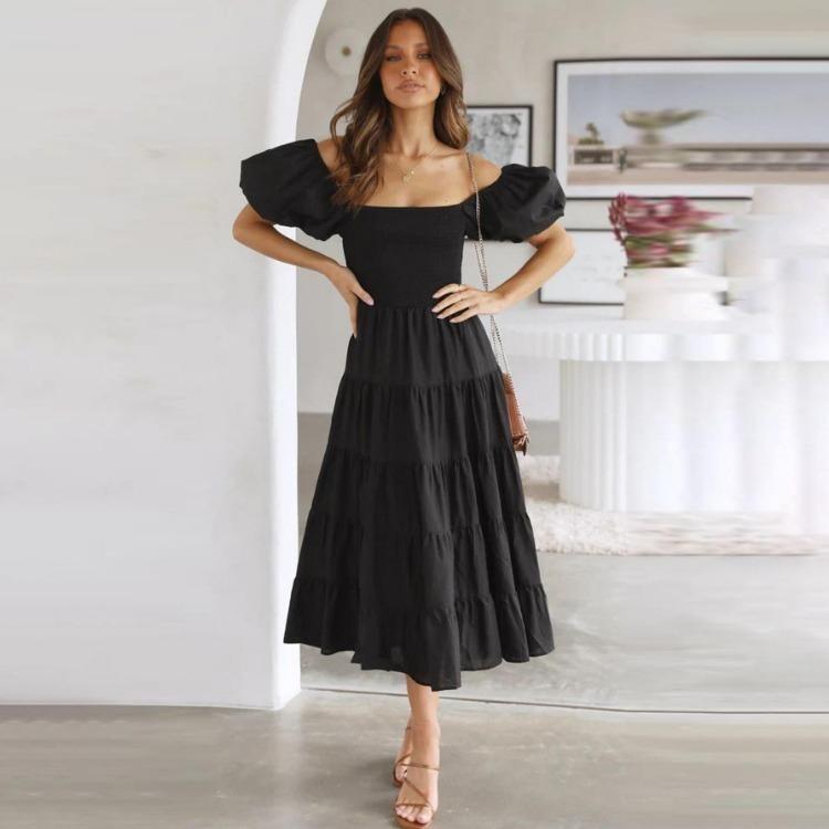 Fashion Summer Dress Women Strapless Print Pleated Short Sleeve Ankle Length