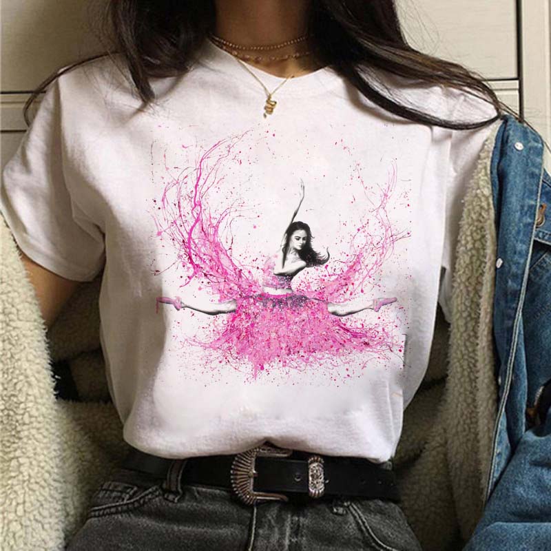New Watercolor Ballet Dancer Print Women's T-shirt Casual Dance Ballet Round Neck Summer Outfit Harajuku Retro Top