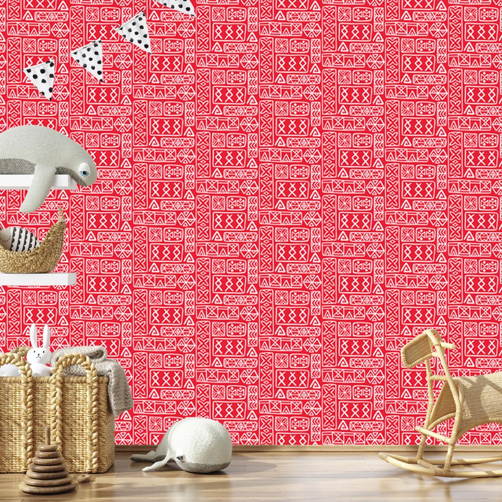 Polynesian Geometric Pattern Wallpaper Coral and Red 50x1000