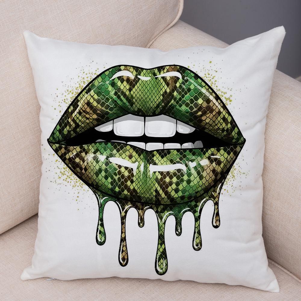 Bold Lip Art Pillowcase Double Print Leopard Pattern Cushion Cover Soft Plush Vibrant Design Pillow Case for Sofa Home Car