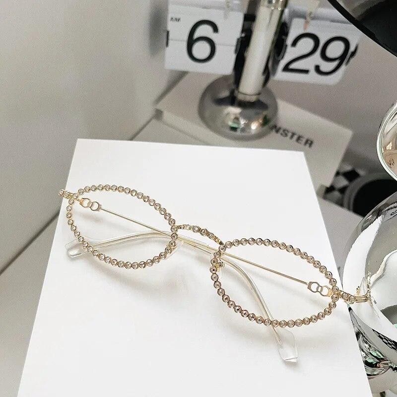 Diamond Oval Ladies Sunglasses Luxury Brand Diamond Small Glasses Japanese and Korean Metal Trend Decoration Oculos De Sol