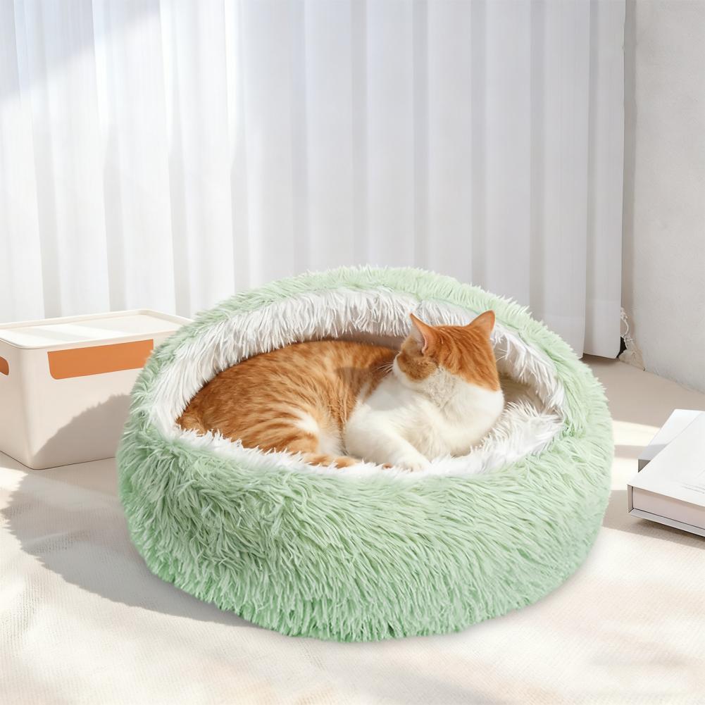 Pet Shell Nest Bed Warm Calming Cat Cave Bed with Hooded Cover Semi Enclosed Fluffy Plush Lined Round Bed for Small Medium Pets
