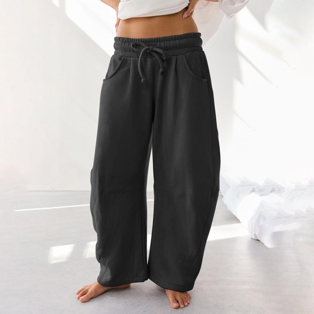 Women's Barrel Leg Sweatpant Drawstring Elastic Waisted Wide Leg Pants Casual Cotton Palazzo Trousers With Pockets
