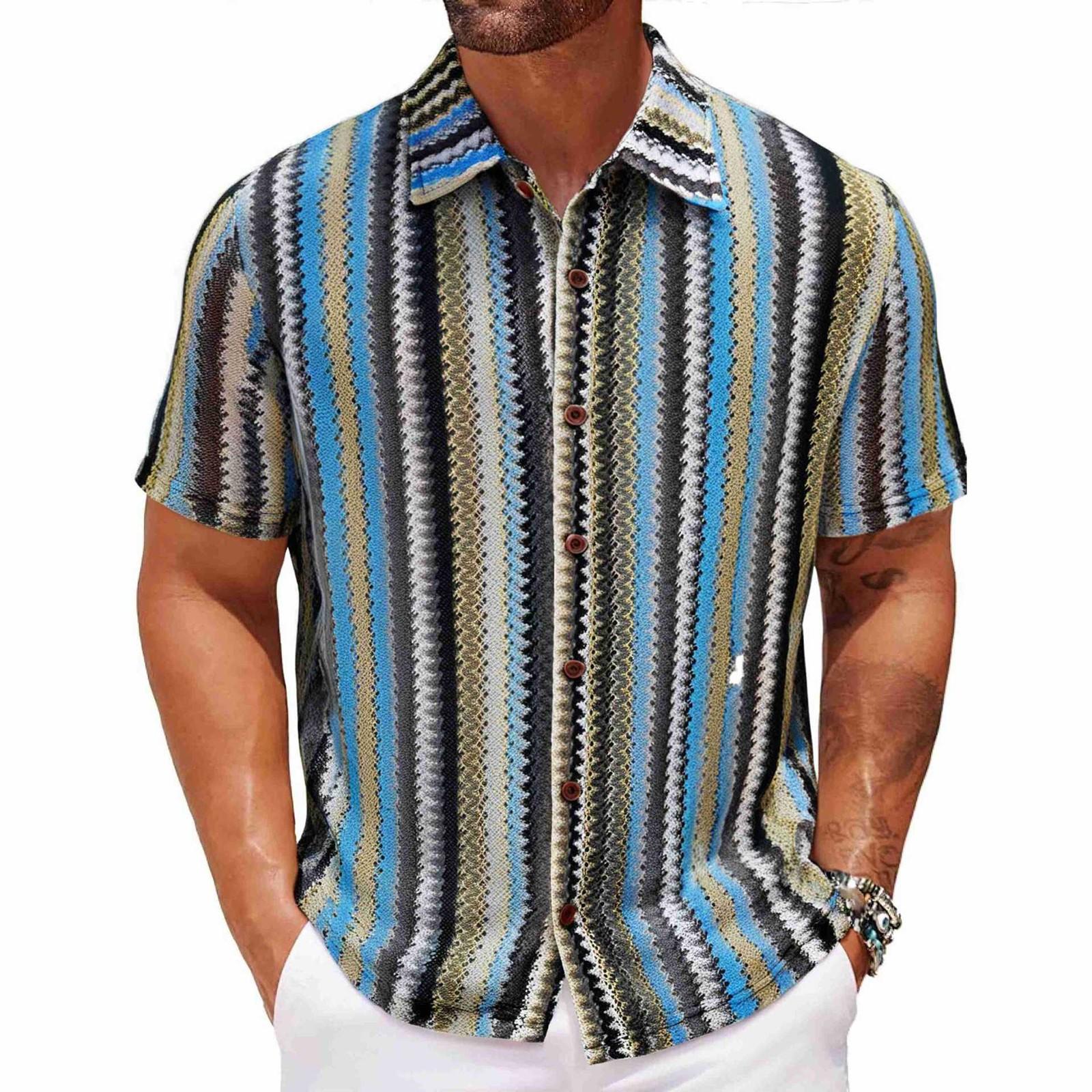 

Мужская летняя этническая полосатая рубашка, повседневная кружевная пляжная рубашка M синий