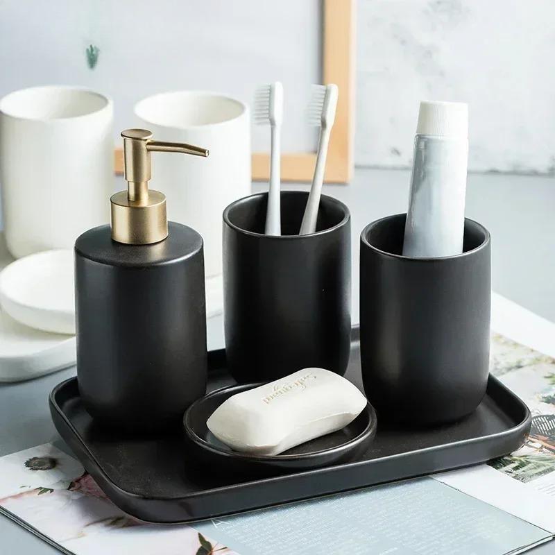 Ceramic Wash Set Bathroom Decoration Accessories Lotion Bottle Soap Dish Mouthwash Cup Black Tray Household Bathroom Supplies