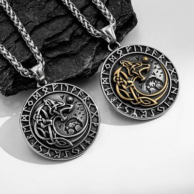 Norse Mythology Wolf Necklace Men Stainless Steel Viking Runes Amulet Pendant Vintage Jewelry Accessory