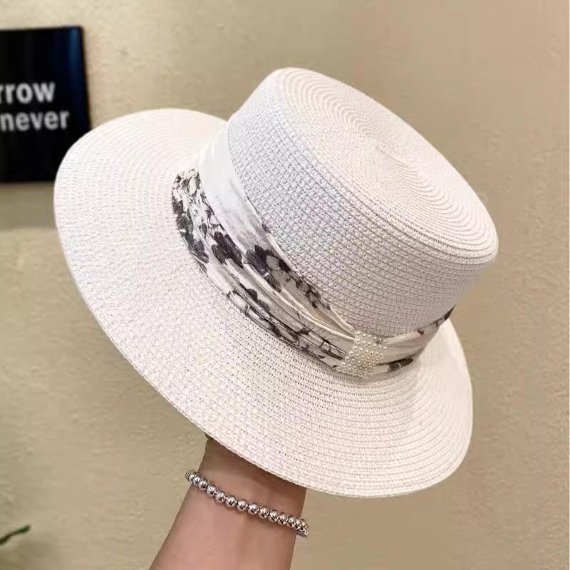 Retro Ribbon Flat Top Hat Ladies Summer Seaside Vacation Sun Protection Sun Hat Fashion Versatile Black Top Hat