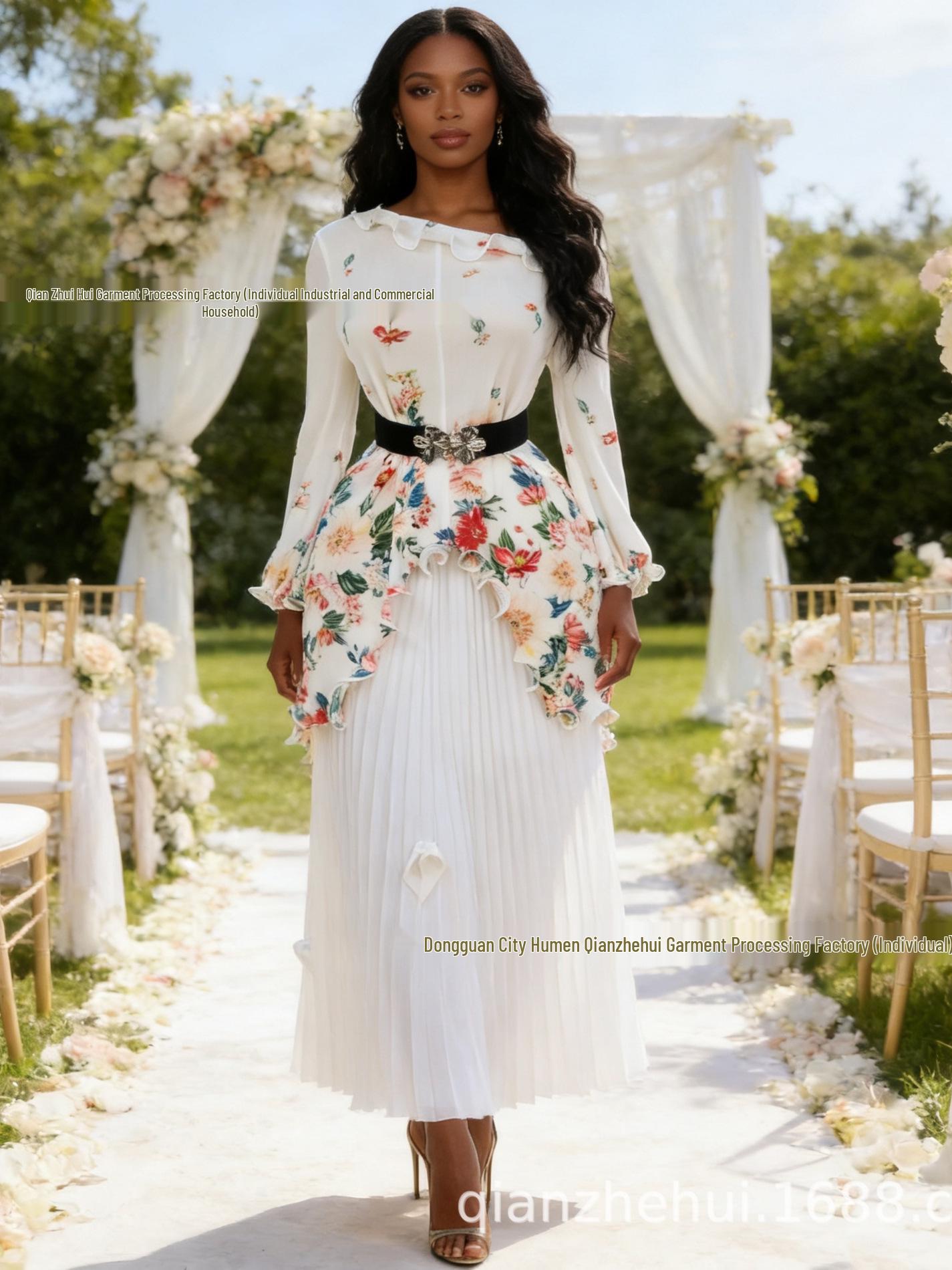 

Miyaki Plus Size Two-Piece Set: Irregular Long-Sleeved Top with Oblique Collar & Belt, Skirt Included for Women White 99506