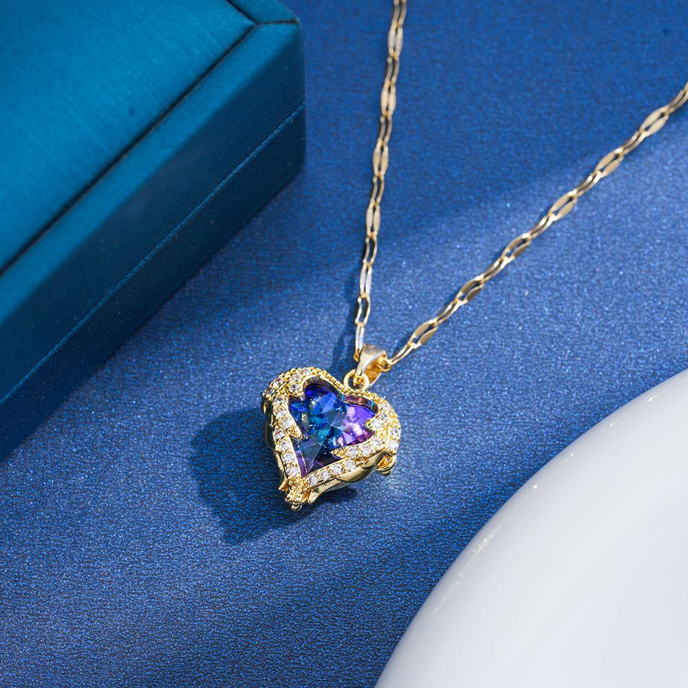Blue-Purple Crystal Ocean Heart Necklace - Elegant Non-Fading Clavicle Chain