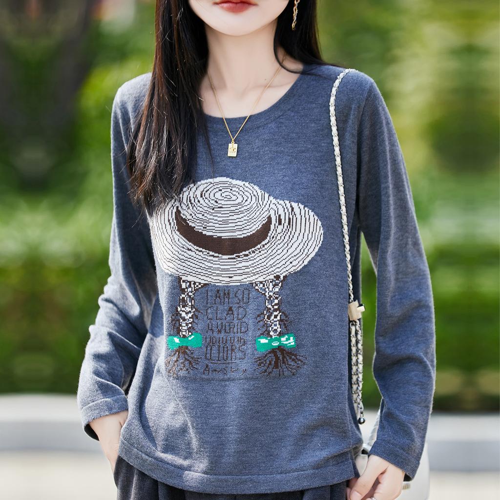 New Round-neck Knitted Sweater, Long-sleeved Women's Straw Hat, Printed Pullover Base Layer, Top for Spring and Autumn