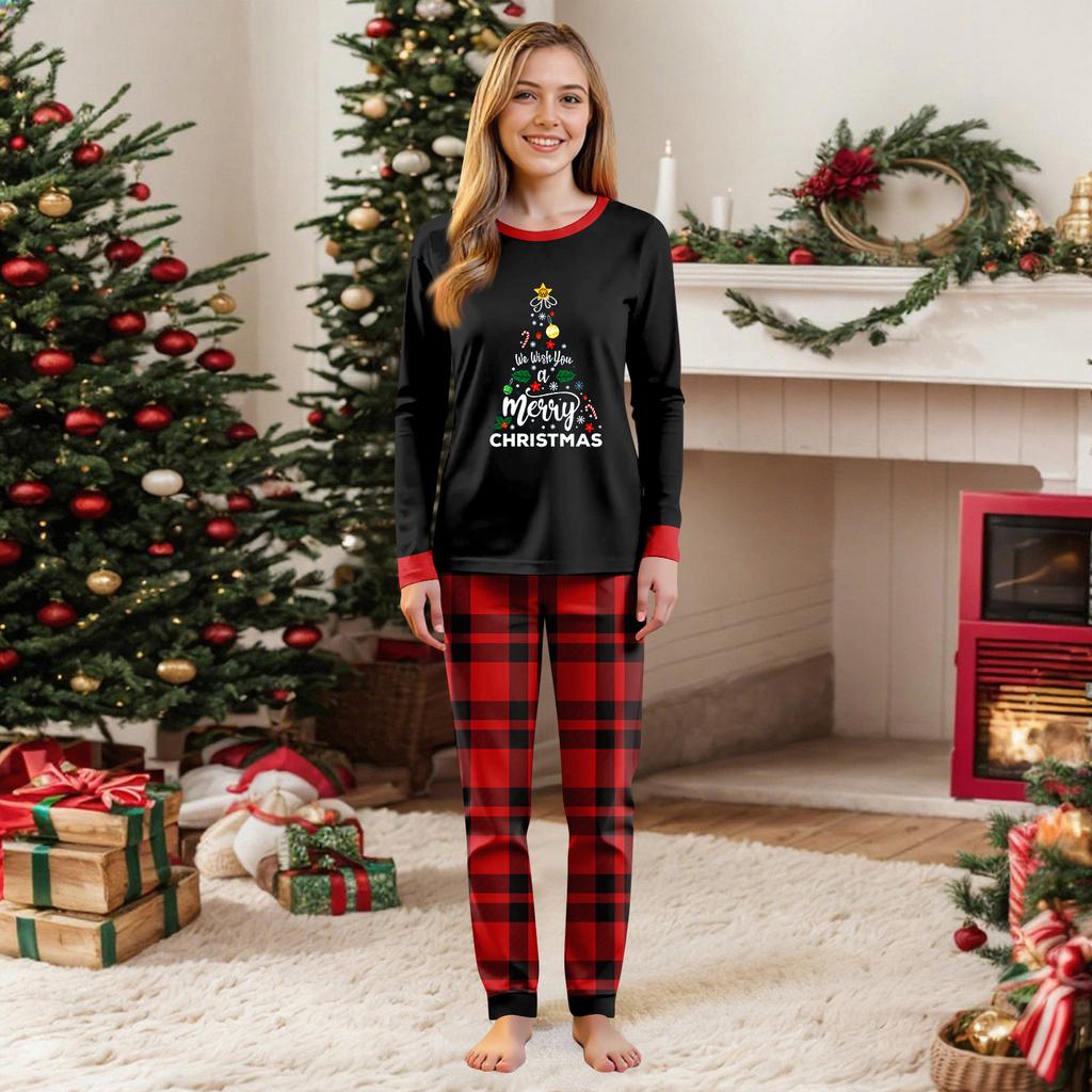 Parent Child Outfit Christmas Print Home Long Sleeved Top And Plaid Striped Trousers Set
