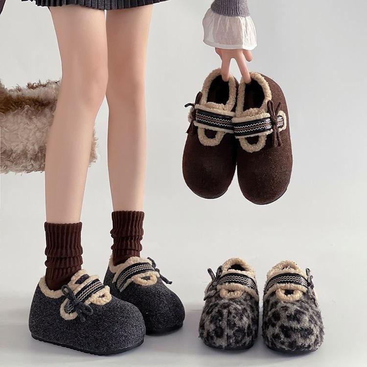 Bow thick-soled inner heightening Birkenstocks cotton shoes new velvet warm outer wear fluffy Mary Jane shoes