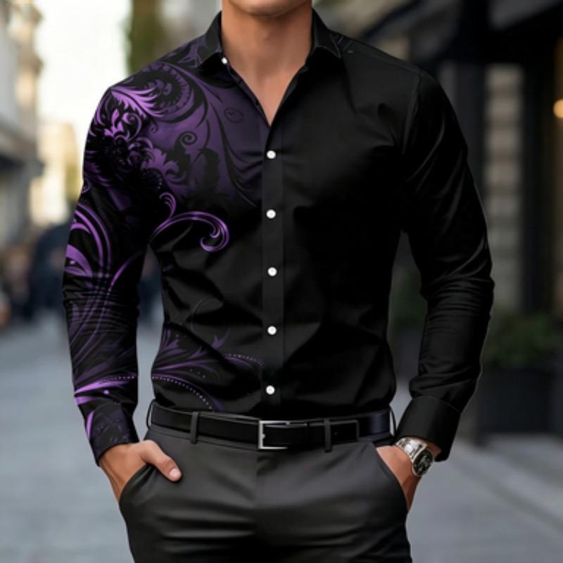 Men's long sleeved shirt light mature style single-sided totem print men's black long sleeved shirt European and American workpl
