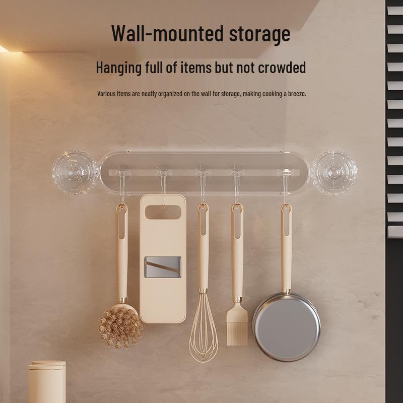 Wall-Mounted Kitchen Organizer: No-Punch Hooks, Spoon & Spatula Rack, Knife Holder Shelf