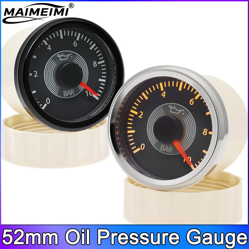 0-10 BAR Oil Pres Meter Classic Dial 52mm Oil Pressure Gauge for Marine Auto with Red and Yellow Backlight 12V 24V