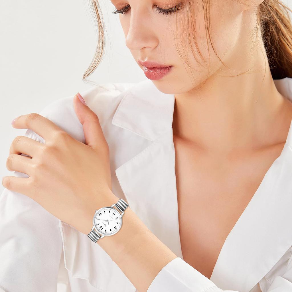 Women's Waterproof and Rainproof Wristwatch with a Round Dial, Large White Dial, Silver Case, and Silver Strap. This Stainless Steel Watch Makes a