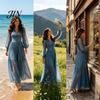 Comfortable Women Dress Faux Denim Maxi Dress, Mesh Patchwork Long Sleeve Button Down Shirt Casual Loose Vintage Summer Versatile