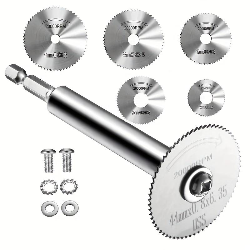 

Подходит для роторной пилы с шестигранным хвостовиком 1/4 дюйма, отрезной круг из быстрорежущей стали - с тонкими дисковыми пилами и 5 сменными режущими головками