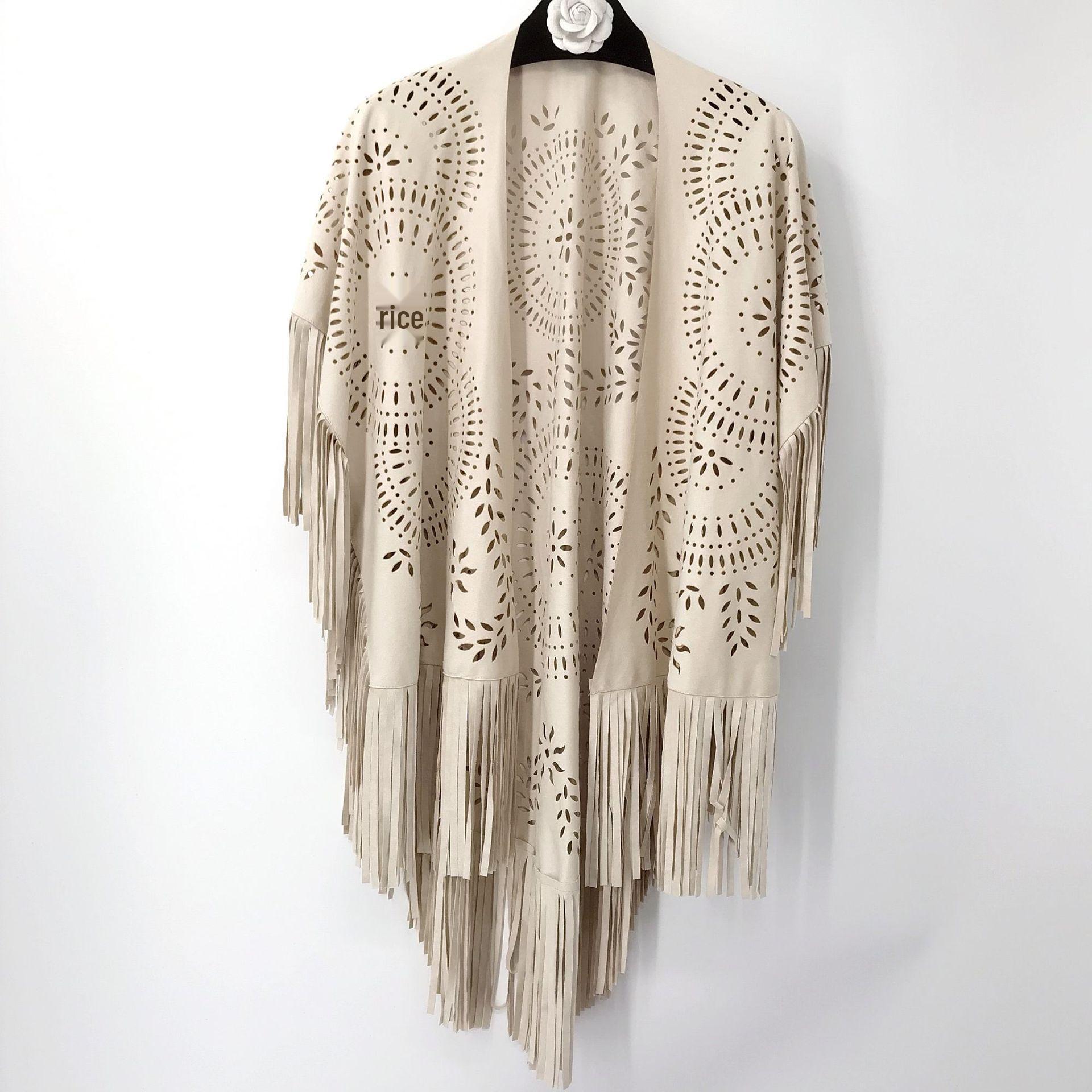 

Retro Brown Suede Velvet Tassel Shawl for Women - European & American Summer Style грязно-белый